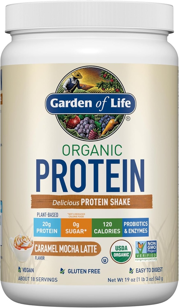 Garden of Life Vegan Protein Powder - Caramel Mocha Latte - 20g Πρωτεΐνη φυτών, BCAAs, Probiotics & Digestive Enzymes - Χωρίς γλουτένη, Μη ΓΤΟ