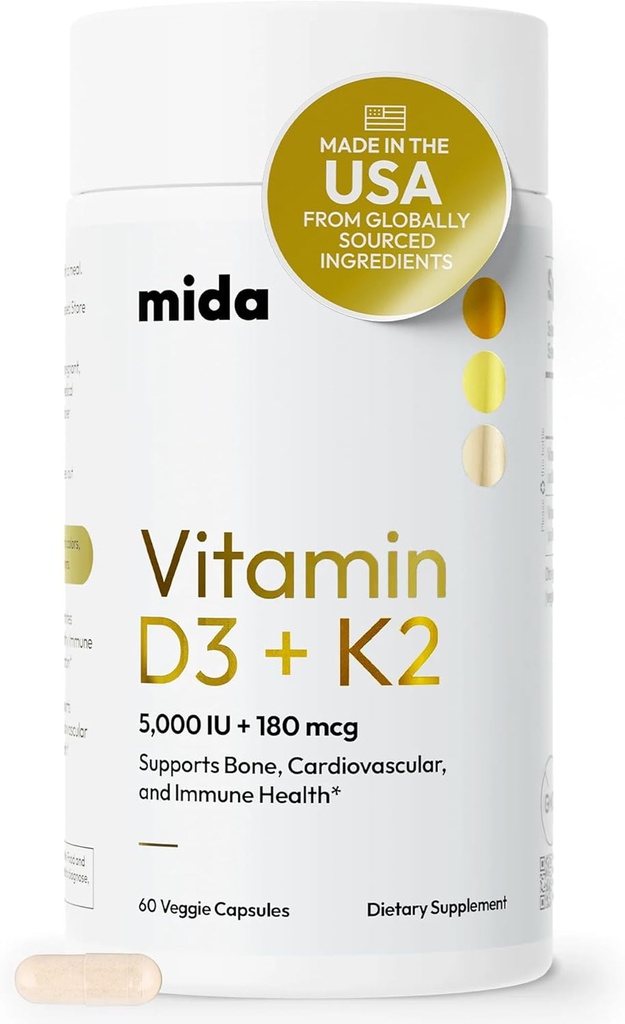 Mida Health® D3 K2 Vitamin 5000 IU with MK-7 | Natural Supplement for Bone, Heart, and Immune Support | Adult Vegan Capsules | 60 Servings