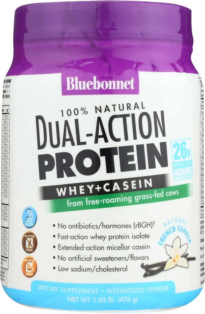 Bluebonnet Διατροφή διπλής δράσης πρωτεΐνη σκόνη, Whey από χόρτο Fed Αγελάδες, Δεν προστίθεται ζάχαρη, μη ΓΤΟ, Γλουτένη & Χωρίς σόγια, Kosher γαλακτοκομικά, γαλλική βανίλια γεύση, Off-white, 16.8 Oz