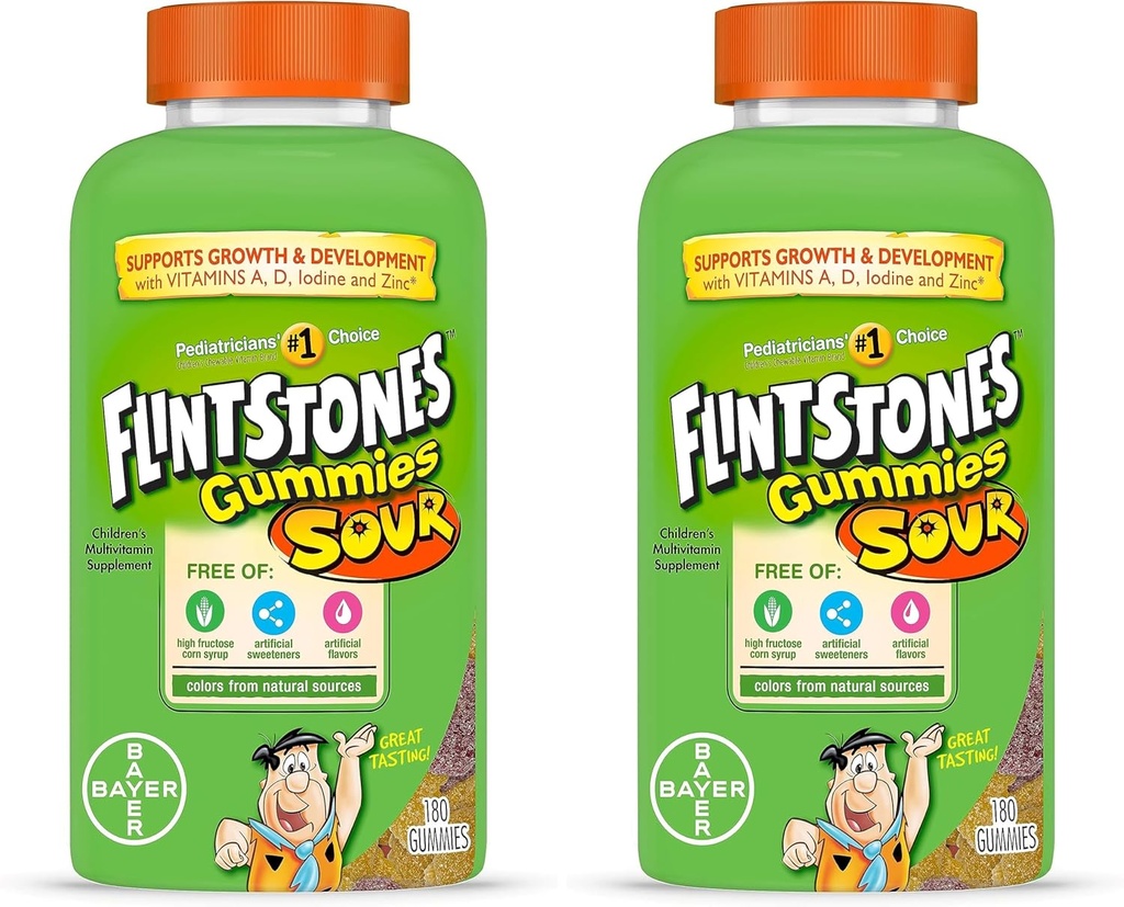 Flintstones Sour Gummies Kids Vitamins, Gummy Multivitamin for Kids with Vitamins A, B6, B12, C, D & more, 180ct (Pack of 2)