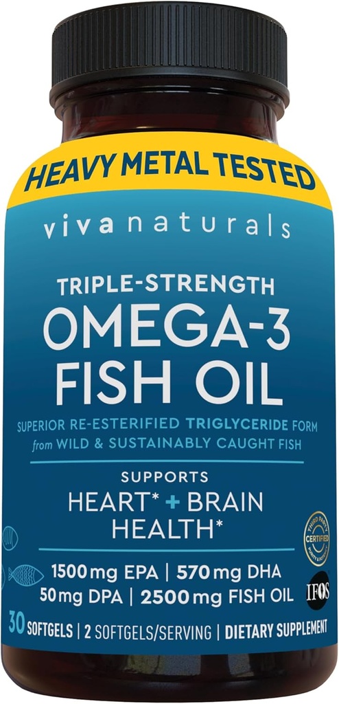 Viva Naturals Omega-3 Fish Oil, Triple Strength, 2500 mg, 30 Softgels – Επαναστεροποιημένα Ωμέγα 3 Λιπαρά Οξέα Συμπεριλαμβανομένων των EPA, DHA, DPA - Πασκατάρια-Φιλικά