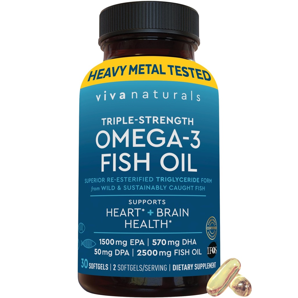 Viva Naturals Omega-3 Fish Oil, Triple Strength, 2500 mg, 30 Softgels – Επαναστεροποιημένα Ωμέγα 3 Λιπαρά Οξέα Συμπεριλαμβανομένων των EPA, DHA, DPA - Πασκατάρια-Φιλικά