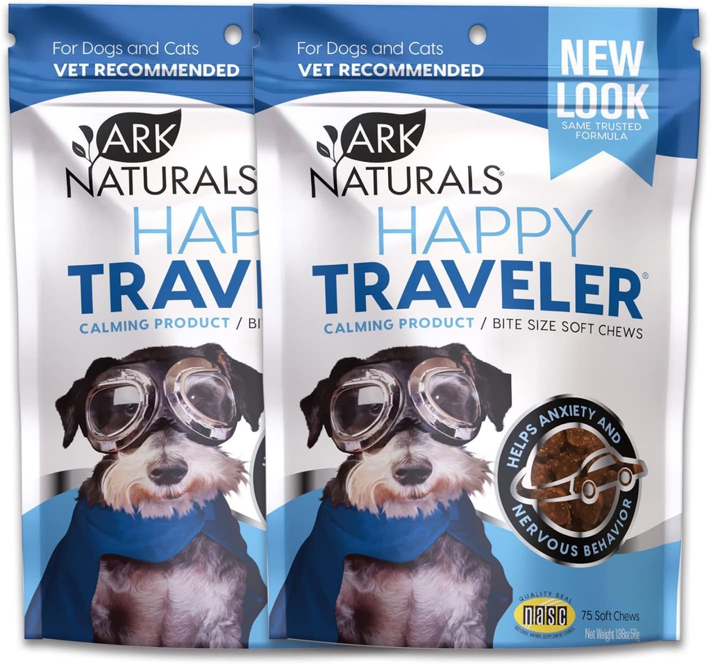 ARK NATURALS Happy Traveler Calming Chews Bundle Pack, Ease Anxious και Νευρική Συμπεριφορά σε σκύλους και γάτες, Vet συνιστάται, 2 Pack
