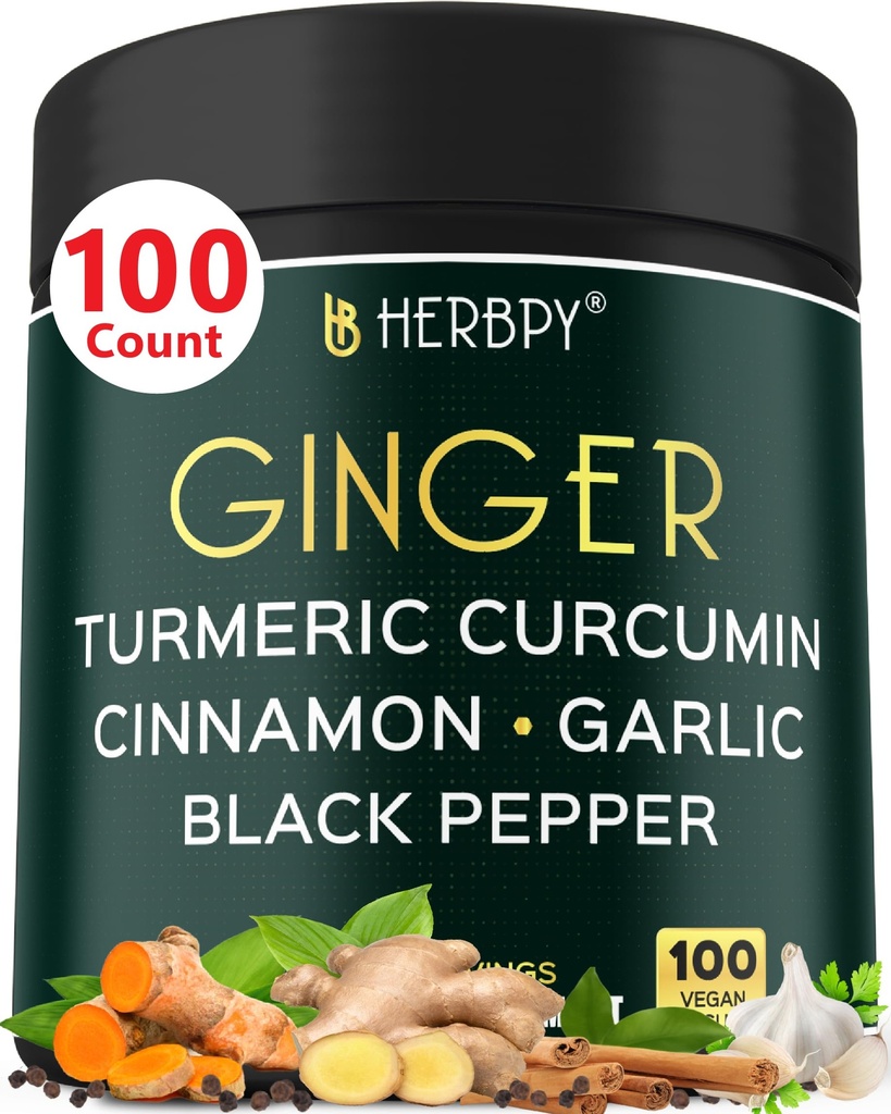 5in1 Ginger και Turmeric Συμπληρώματα με Ceylon Κανέλα, σκόρδο - Digestion, ανοσοποιητικό, εγκέφαλος & καρδιά Υγεία Υποστήριξη - 100 Vegan Κάψουλες