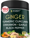 5in1 Ginger and Turmeric Supplements with Ceylon Cinnamon, Garlic - Digestion, Immune, Brain & Heart Health Support - 100 Vegan Capsules