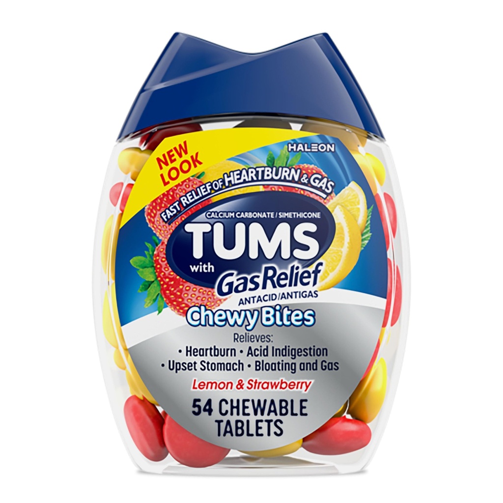 TUMS Chewy Bites Μασώμενα αντιόξινα δισκία με Αέριο Ανακούφιση, Λεμόνι & Φράουλα - 54 Count
