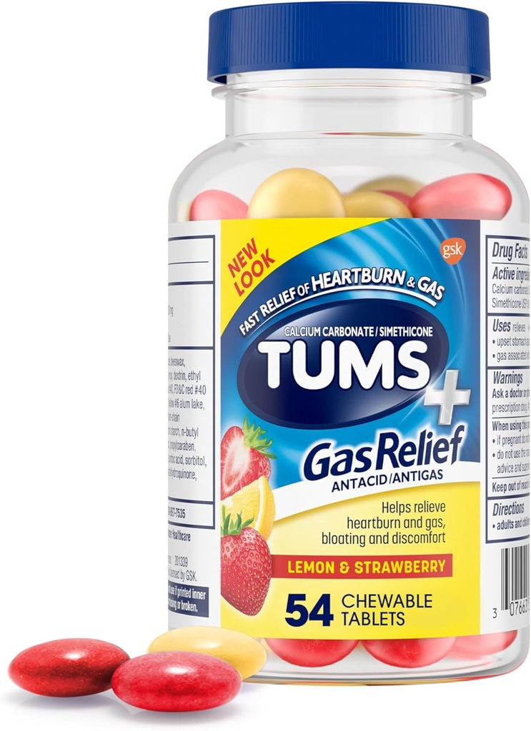 TUMS Chewy Bites Chewable Antacid Tablets with Gas Relief, Lemon & Strawberry - 54 Count