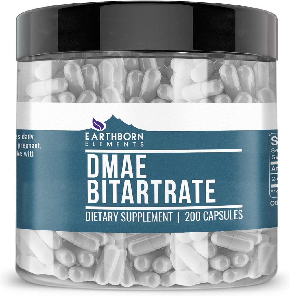 Earthborn Elements DMAE Bitartrate 200 Capsules, Pure & Undiluted, No Additives