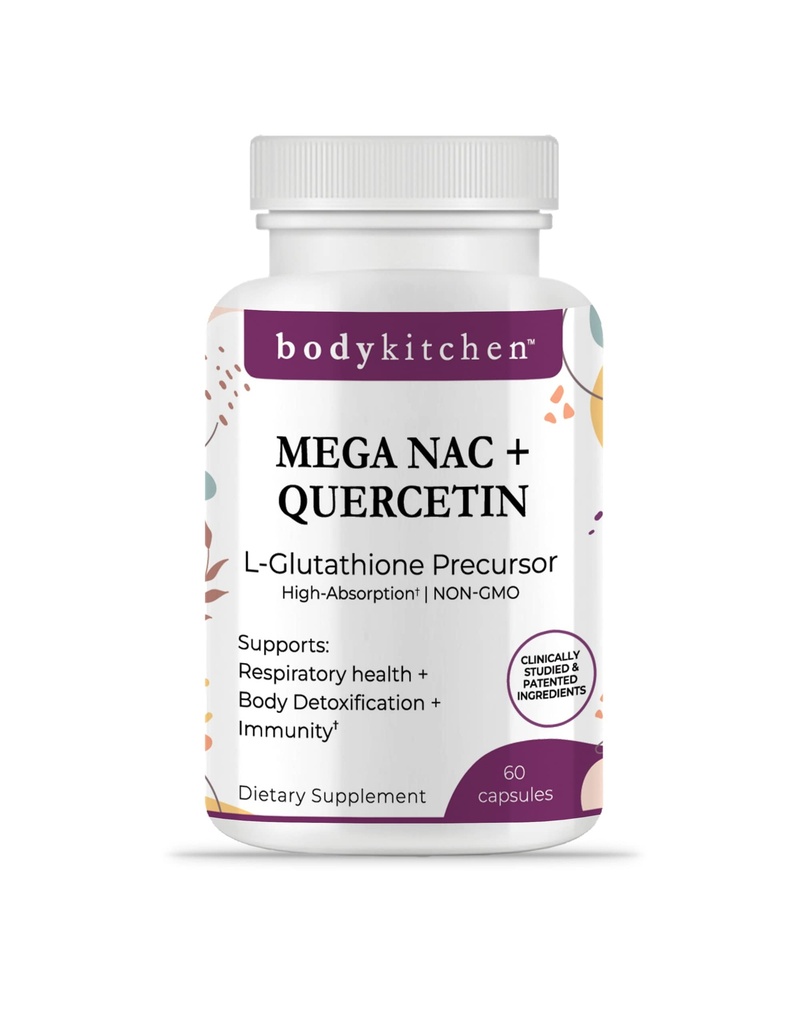 Κουζίνα Σώματος Mega NAC (N- Acetyl Cysteine) 600 mg με Quercetin, Υποστηρίζει την αναπνευστική υγεία και την ανοσοποιητική λειτουργία και προωθεί το ήπαρ και το νεφρό Detox, Veggie Caps, (πακέτο του 1)