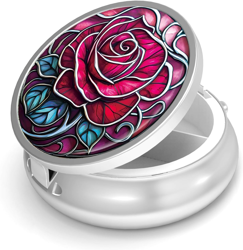 Pill Box-3 Compartment Small Pill Case for Purse & Pocket Mini Metal Pill Holder Travel Pill Container to Hold Supplements Vitamins BPA-Free (Rose)