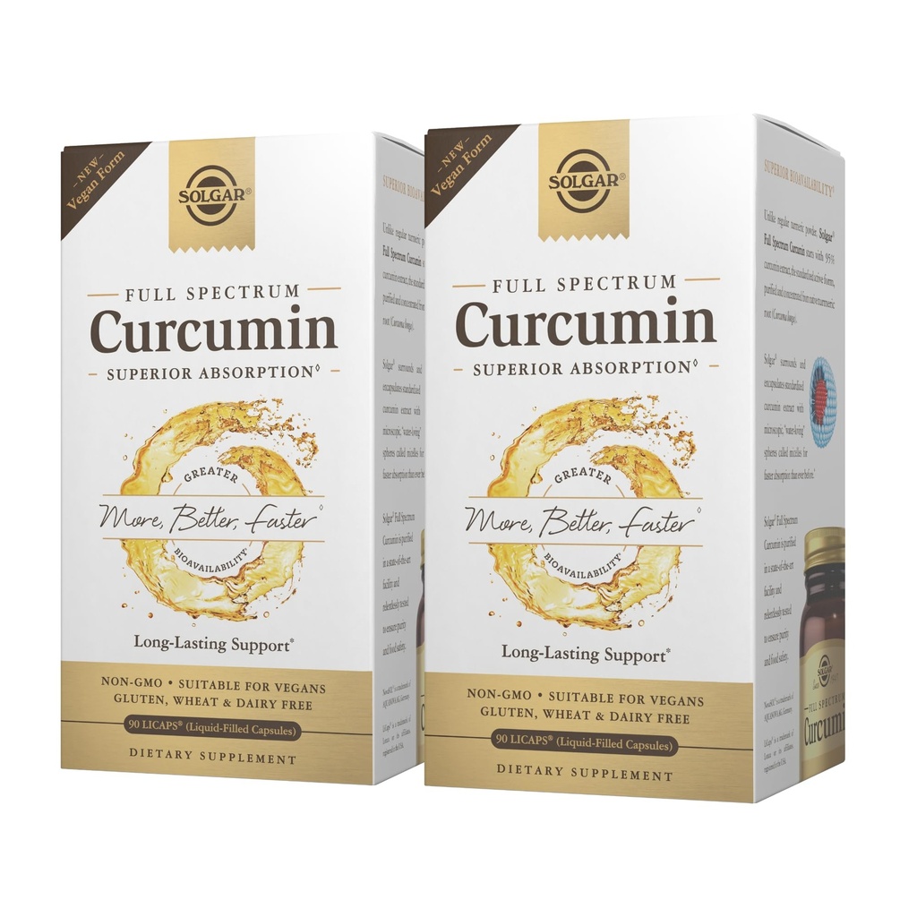 Solgar Full Spectrum Curcumin - 90 LiCaps, Συσκευασία των 2 - Superior Απορρόφηση - Εγκεφαλική, Κοινή & Ανοσολογική Υγεία - Μη ΓΤΟ, Vegan, Χωρίς Γλουτένη, Χωρίς Γαλακτοκομικά - 180 Σύνολο Σερβίρεις
