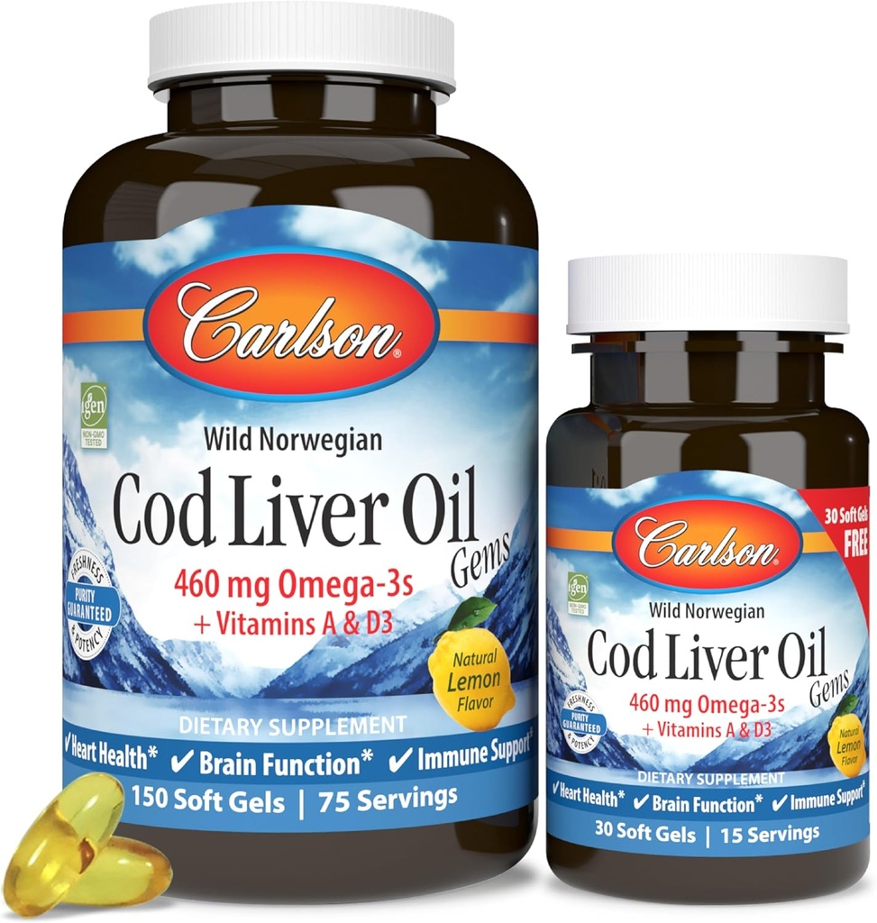 Carlson - Cod Liver Oil Gems, 460 mg Omega-3s + Βιταμίνες A & D3, Wild-Caught Norwegian Arctic Cod Liver Oil, Αειφόρα πηγάζει Nordic Fish Oil Caps, Lemon, 180 Softgels