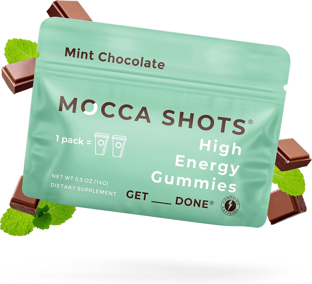 SGC Highest Concentration 100mg Caffeine per Gummy, 2 Gummies per Pack, 12-Pack Mocca Shots Mint Chocolate Plant-Based nootropic Instant Energy with Ginkgo biloba, Theobromine.