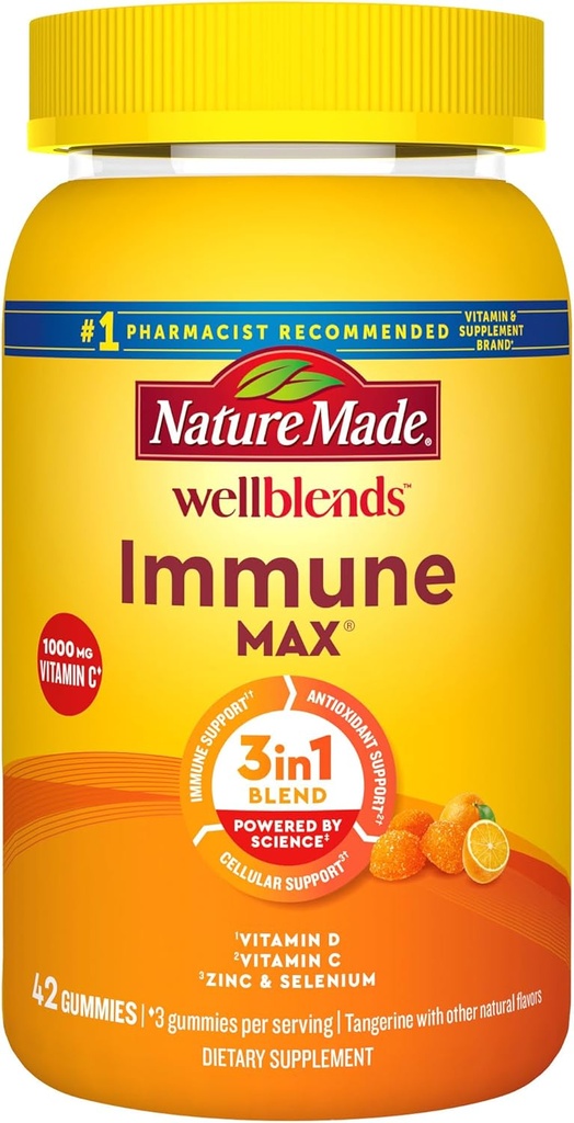 Nature Made Wellbleds ImmuneMAX Gummies, Βιταμίνη C 1000mg + Ψευδάργυρος, Σελήνιο, & Βιταμίνη D3 5000 IU, Συμπλήρωμα Ανοσολογικής Υποστήριξης, 42 Gummies