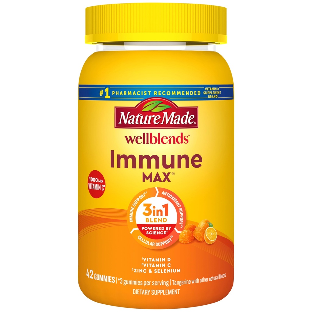 Nature Made Wellbleds ImmuneMAX Gummies, Βιταμίνη C 1000mg + Ψευδάργυρος, Σελήνιο, & Βιταμίνη D3 5000 IU, Συμπλήρωμα Ανοσολογικής Υποστήριξης, 42 Gummies