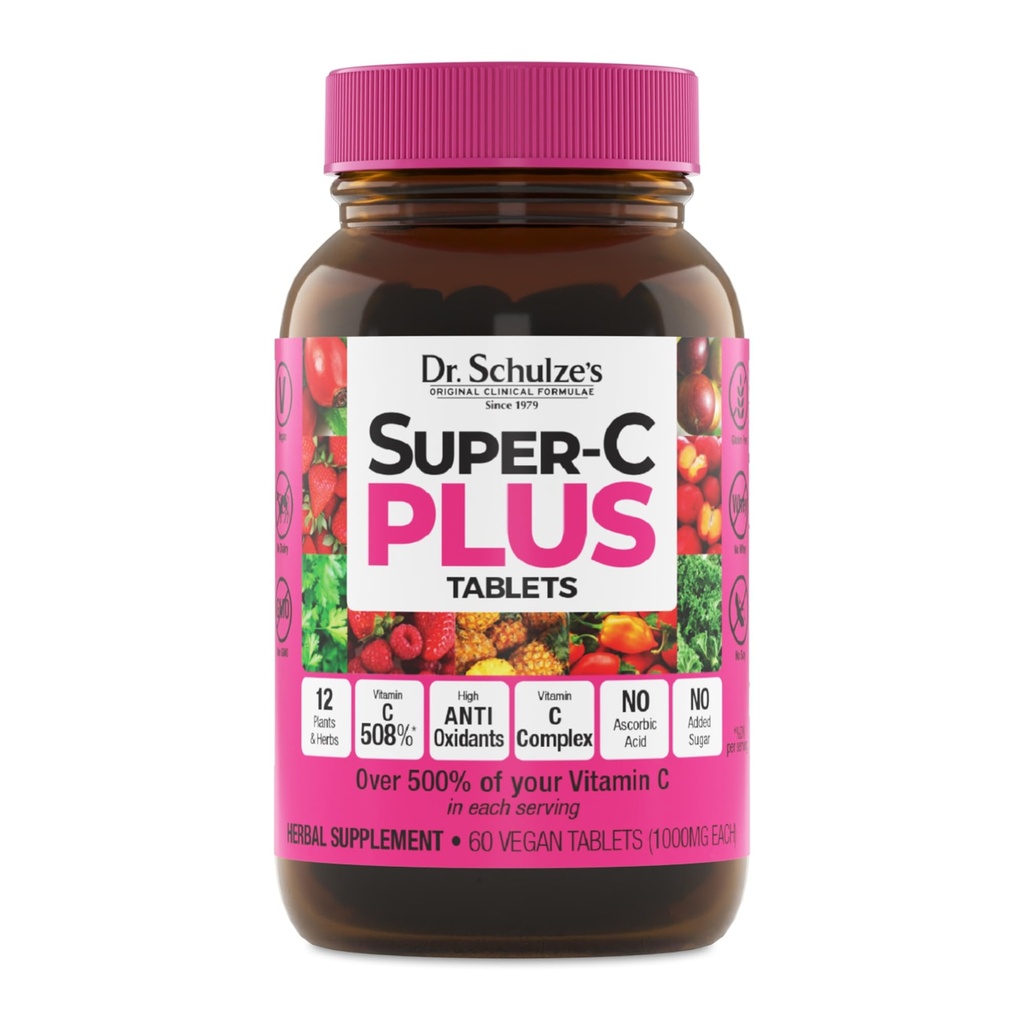Το Super-C Plus του Dr. Schulze - Συμπλήρωμα βιταμίνης C για την υποστήριξη του ανοσοποιητικού - Υγεία του δέρματος & Αντιοξειδωτική Υποστήριξη - Φόρμουλα υψηλής ισχύος - Φυτική βάση Superfood - Χωρίς γλουτένη & Vegan - 60 Count (20 Servings)
