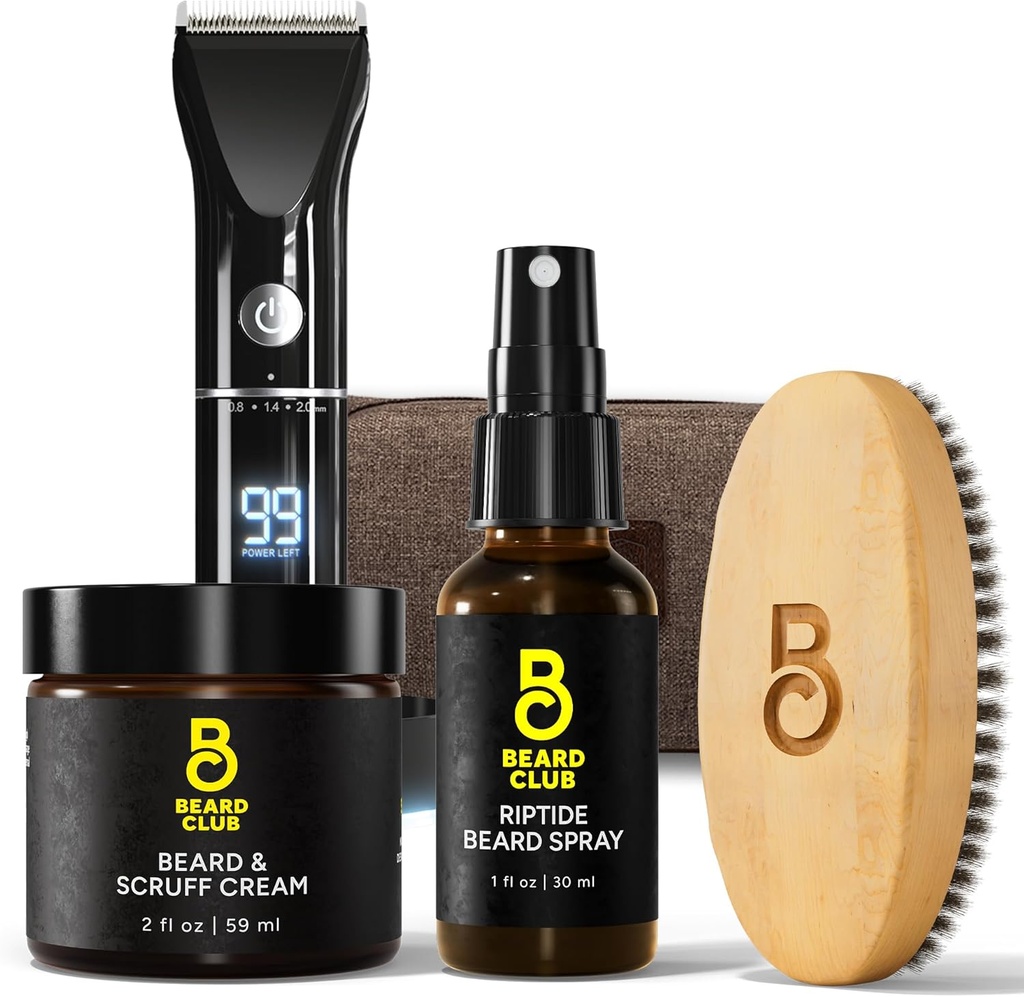 The Beard Club PT45 Beard Trimmer για άνδρες - Ηλεκτρική μπαταρία επαναφορτιζόμενη, Beard Cream, Riptide Beard Spray, Beard Brush, Τσάντα Ταξιδιών– Συσκευασία δώρου