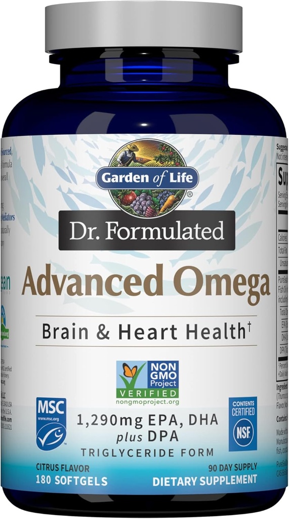 Κήπος της ζωής Dr. Formulated Advanced Omega Fish Oil - λεμόνι, 1.290mg EPA, DHA + DPA σε μορφή τριγλυκεριδίων, ενιαία πηγή Omega 3 συμπλήρωμα για Ultimate Brain & Heart Health, Non-GMO, 180 Softgels