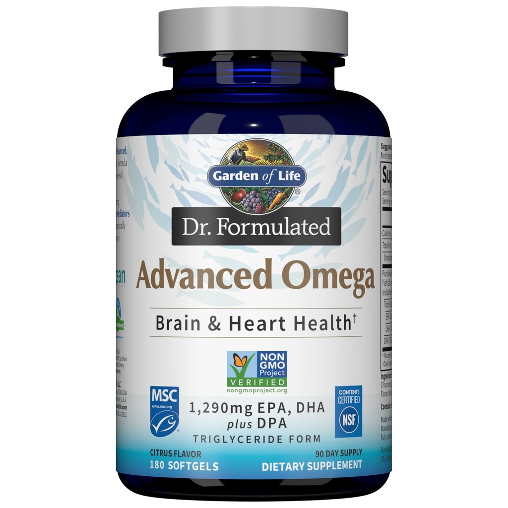 Garden of Life Dr. Formulated Advanced Omega Fish Oil, 1,290mg EPA DHA & DPA in Triglyceride Form - Omega 3 Fish Oil Supplement for Heart Health & Brain Support, Non-GMO, Citrus Flavored, 180 Softgels