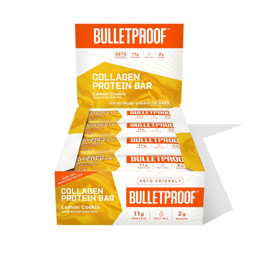 Αλεξίσφαιρο λεμόνι Cookie Collagen Protein Bars, Συσκευασία των 12, Κέτο-Φιλική Snack με λάδι MCT, Grass-fed Collagen, Δεν Προστέθηκε Ζάχαρη