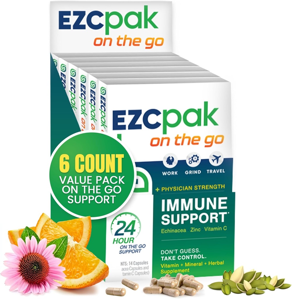 EZC Pak On The Go Immune System Booster με Echinacea, Βιταμίνη C, Ψευδάργυρος, συμπλήρωμα υποστήριξης ανοσοποιητικών, Ανοσία Βιταμίνες για Ενήλικες, Travel-Friendly Συσκευασία, Χορτοφαγικά, Χωρίς Γλουτένη - Συσκευασία των 6