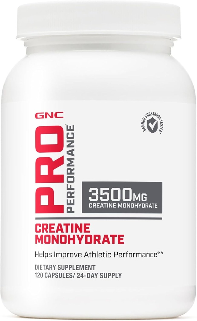 GNC Pro Performance Creatine Monohydrate 3,5g Συμπλήρωμα, Βελτιώνει την οικοδόμηση των μυών, την αντοχή και την απόδοση, 120 κάψουλες, 24 εξυπηρετούν