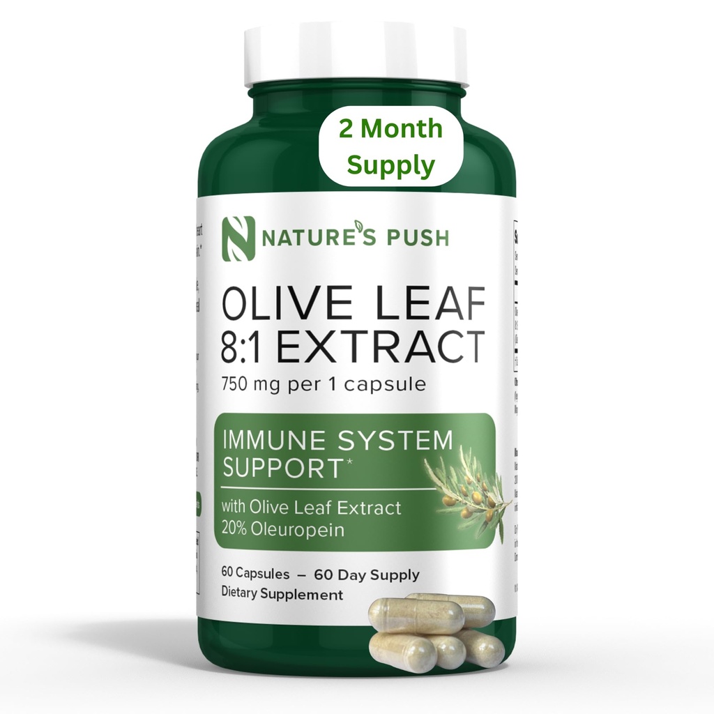 Nature's Push Super Potent Olive Leaf 8:1 Extract 20% Oleuropein 750mg Καψάκιο Ανοσοποιητικό Σύστημα, Δέρμα, και Heart Health Support Vegan Non-GMO USA cGMP Χωρίς γλουτένη Αντιοξειδωτικά 60 Κάψουλες 2 Μήνες Προσφορά