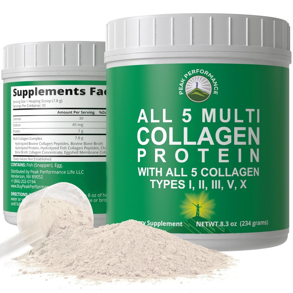 Μέγιστες επιδόσεις Όλα τα 5 Multi-Collagen Protein Peptides Peptides Multi-Collagen Περιέχει όλους τους τύπους I, II, III,V, X. Keto, Παλαιοφιλικό με υδρολυμένα βοοειδή, Marine, κοτόπουλο, Bone Broth Collagens