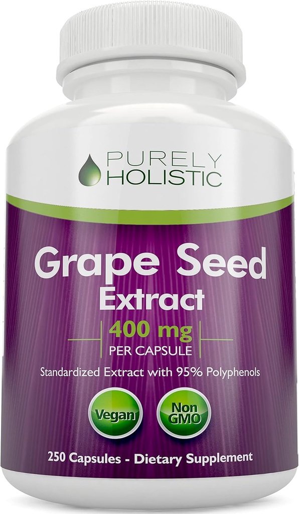 Purely Holistic Grape Seed Extract 20,000mg - 250 Vegan Capsules - 8+ Month Supply - Standardized to 95% Polyphenols - 400 mg per Capsule - Maximum Strength Grapeseed - Non-GMO & Pesticide Free