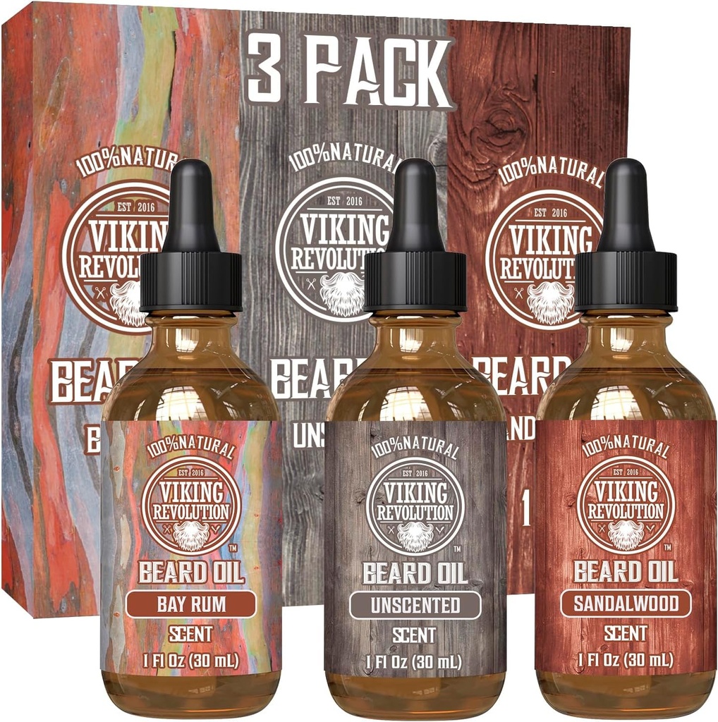 Viking Revolution Beard Oil for Men 3 Pack - Natural Mens Beard Oil Variety Set 2 - Sandalwood, Unscented and Bay Rum Scents - Beard Conditioning and Moisturizing for a Healthy Beard (3 Pack, 1oz)