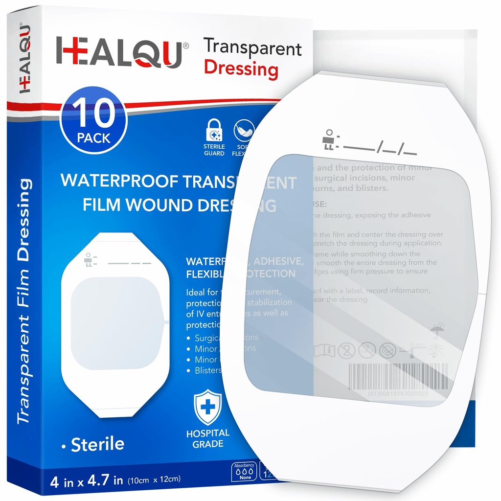Transparent Film Dressing 4" x 4.75" (10 Pack) - Waterproof Adhesive Wound Bandages for Post-Surgical Shower, IV Shield, Tattoo Aftercare, Clear Breathable Dressing Patches by HEALQU