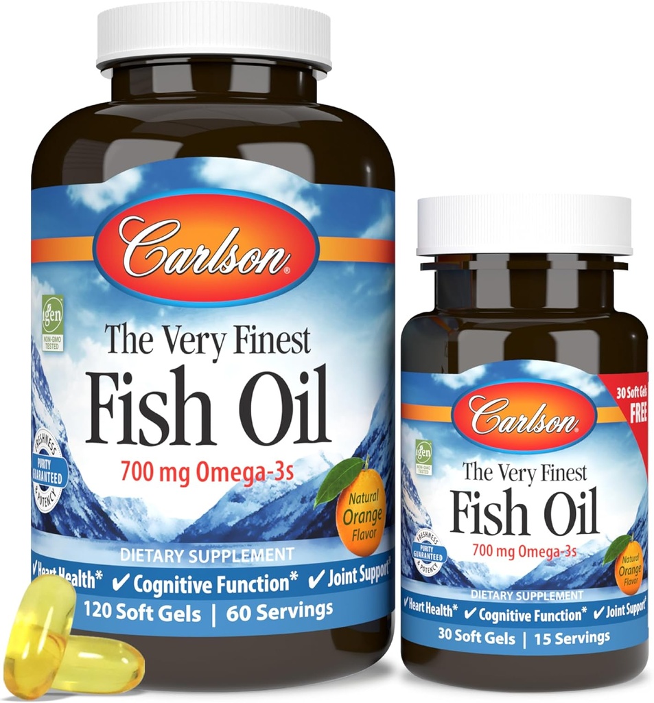 Carlson - The Very Finest Fish Oil, 700 mg Omega-3s, Norwegian Fish Oil Supplement, Wild Caught Omega-3 Fish Oil, Sustainablely Soured Fish Oil Caps, Omega-3 Supplement, Orange, 120+30 Softgels
