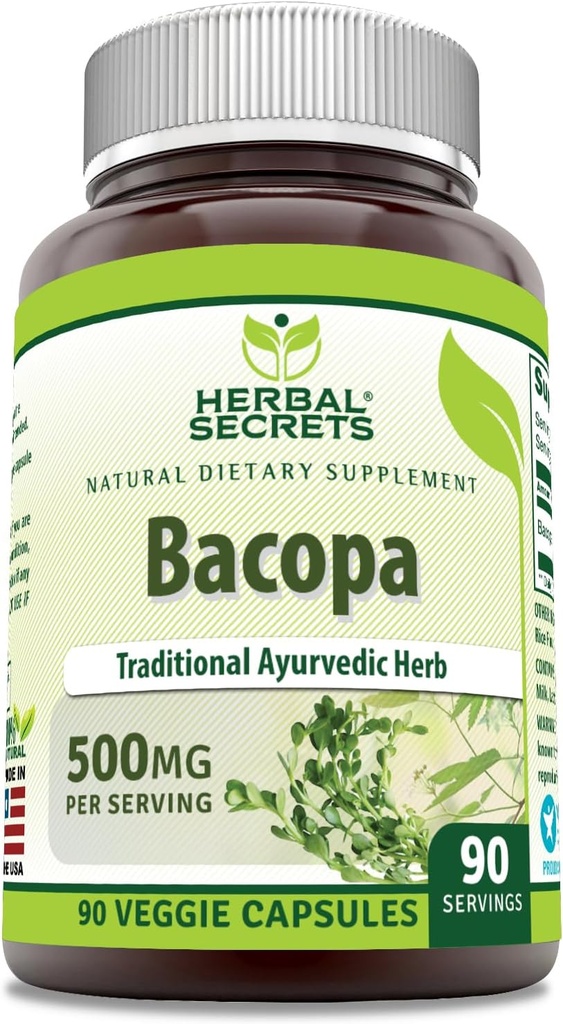 Herbal Secrets Bacopa Powder 500 Mg 90 Veggie Capsules Supplement | Non-GMO | Gluten Free | Made in USA