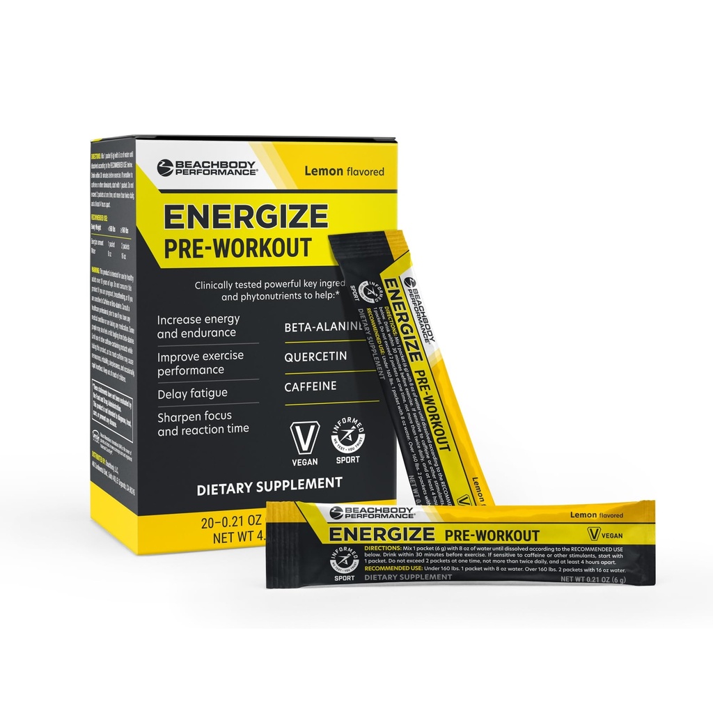 BODi Energyze Pre Workout Powder - Beta-Alanine, Quercetin & Low-Dose Caffeine Formula για την ενισχυμένη ενέργεια & εστίαση, αύξηση της ενέργειας & συμπλήρωμα αντοχής, λεμόνι Γεύση, 20 ραβδιά