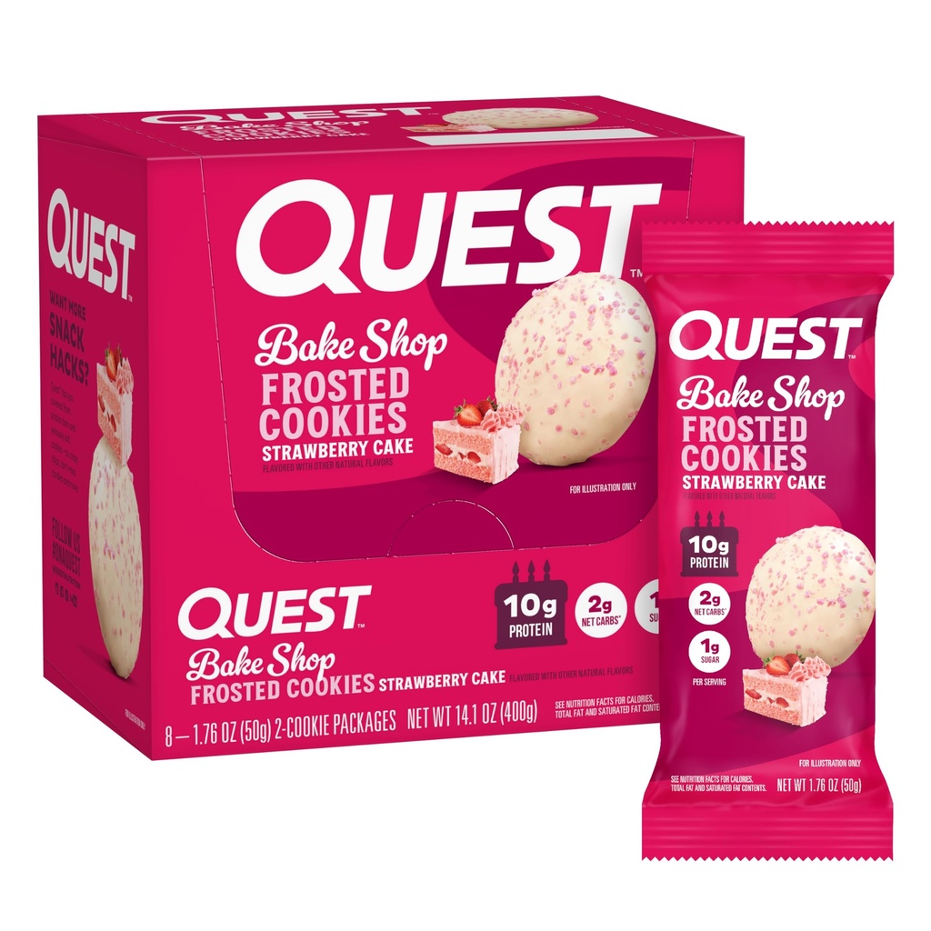 Quest Διατροφή παγωμένα Cookies Twin Pack, κέικ φράουλας, 1g ζάχαρη, 10g πρωτεΐνη, 2g καθαρό υδατάνθρακες, Χωρίς γλουτένη, 16 Cookies