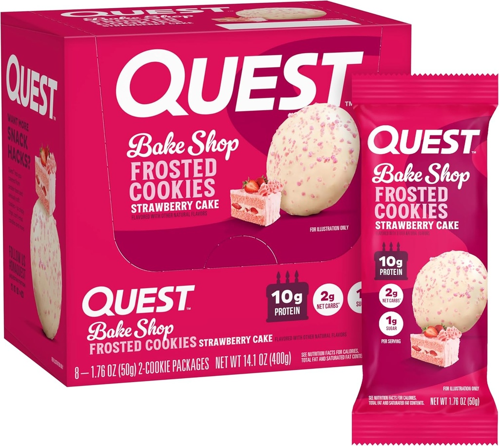 Quest Διατροφή παγωμένα Cookies Twin Pack, κέικ φράουλας, 1g ζάχαρη, 10g πρωτεΐνη, 2g καθαρό υδατάνθρακες, Χωρίς γλουτένη, 16 Cookies