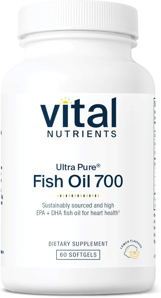 Vital Nutrients Ultra Pure® Fish Oil 700 | Supports Heart, Brain, and Joint Health* | Sustainably Sourced High EPA & DHA Omega-3 Fatty Acid | Lemon Flavor | Gluten, Dairy & Soy Free | 60 Softgels