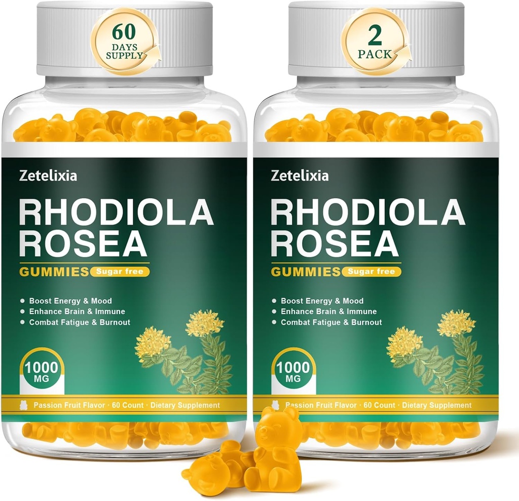 2 Pack Rhodiola Rosea Gummies χωρίς ζάχαρη 1000mg, Rhodiola Rosea συμπλήρωμα για γυναίκες & άνδρες, υποστήριξη αντοχής, Mood & Energy, μη GMO, Vegan, 120 Count