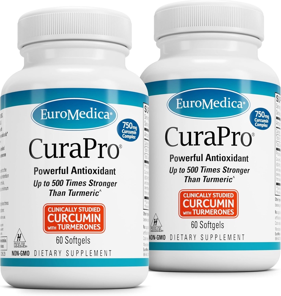 EuroMedica CuraPro - Συμπλήρωμα αντιοξειδωτικών για την υποστήριξη του εγκεφάλου και του ανοσοποιητικού - Συμπλήρωμα διατροφής με αιθέριο έλαιο κουρκουμίνης & κουρμερικής - Υποστήριξη βοτάνων ήπατος - 60 Softgels, 2 Pack (120 Softgels)