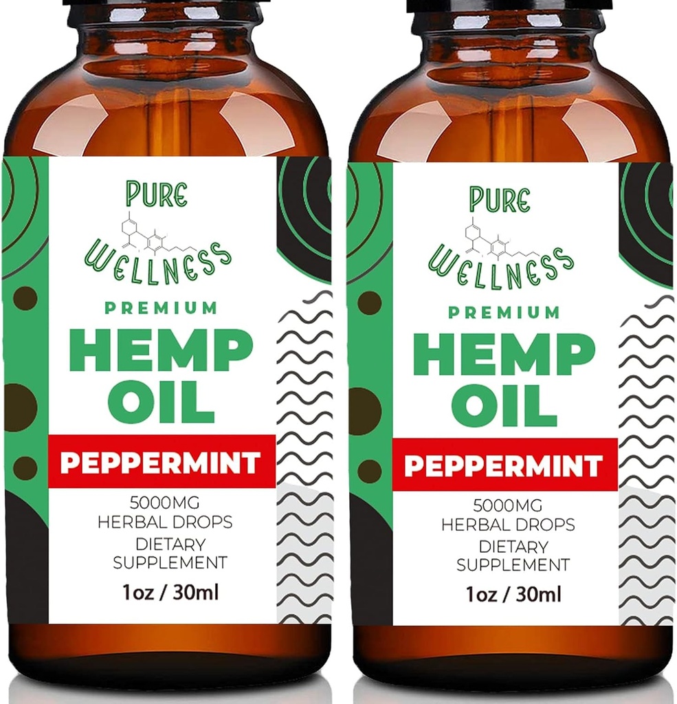 Pure Wellness Hemp Seed Oil Drops Peppermint Flavor for Improved Cognitive Function, Omega 3 6 9 Fatty Acids, Organic, Non-GMO, Vegan (5,000mg 2-Pack)
