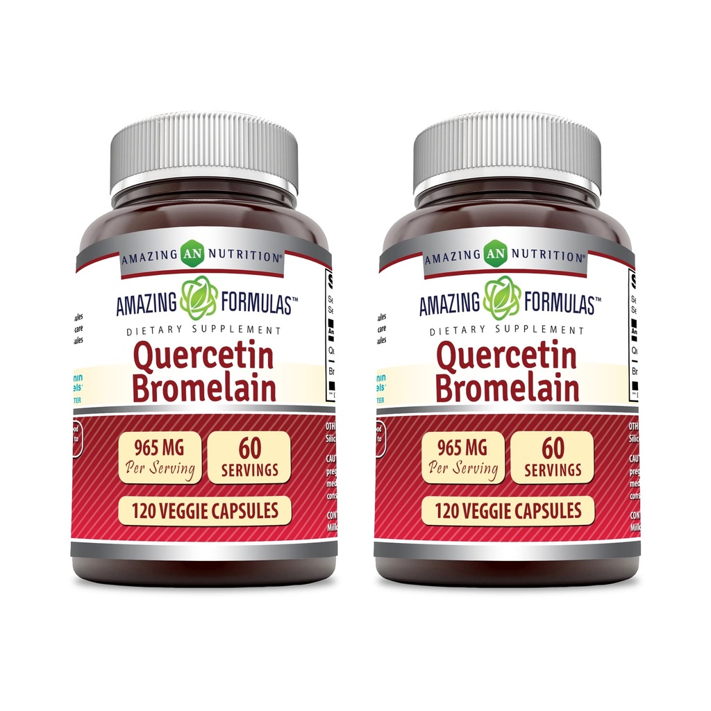 Amazing Formulas Quercetin 800mg με Bromelain 165mg, 120 κάψουλες Veggie συμπλήρωμα (πακέτο του 2) - Μη ΓΤΟ - Χωρίς γλουτένη - Υποστηρίζει τη συνολική υγεία & την ευεξία