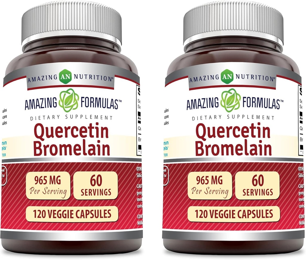 Amazing Formulas Quercetin 800mg με Bromelain 165mg, 120 κάψουλες Veggie συμπλήρωμα (πακέτο του 2) - Μη ΓΤΟ - Χωρίς γλουτένη - Υποστηρίζει τη συνολική υγεία & την ευεξία