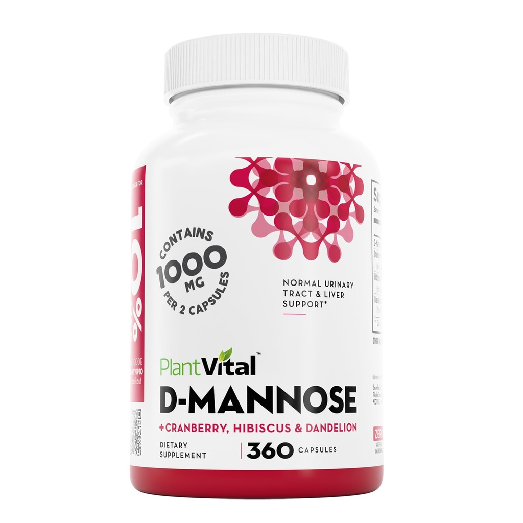 Plantvital D Mannose Κάψουλες με Cranberry - D-μαννόζη 1000mg Κάψουλες - Υψηλή Ικανότητα για Μπλαντέρ, Νεφρό και Ουρολοίμωξη Υποστήριξη. Cranberry Powder με Hibiscus και Dandelion. 6 Μήνες Προσφορά