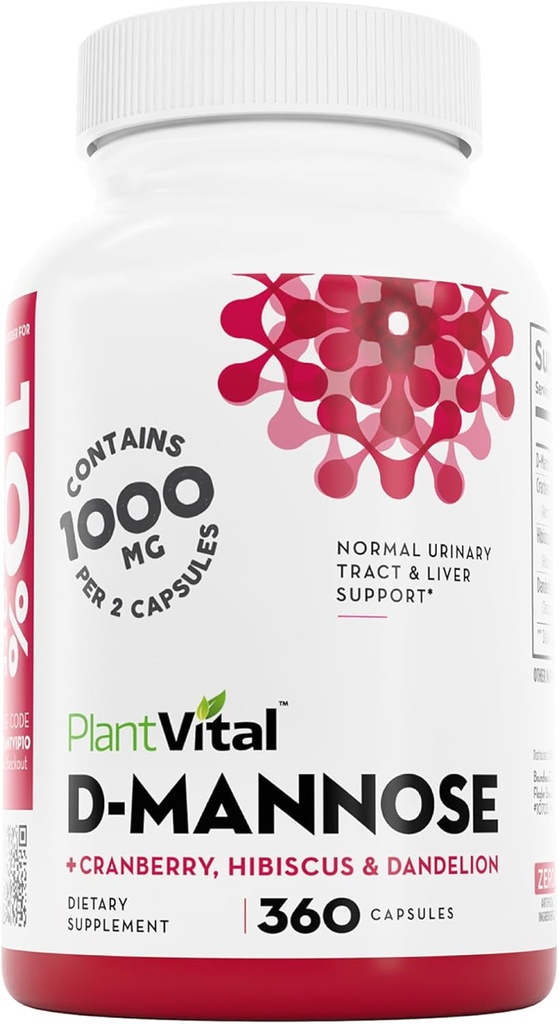 Plantvital D Mannose Κάψουλες με Cranberry - D-μαννόζη 1000mg Κάψουλες - Υψηλή Ικανότητα για Μπλαντέρ, Νεφρό και Ουρολοίμωξη Υποστήριξη. Cranberry Powder με Hibiscus και Dandelion. 6 Μήνες Προσφορά
