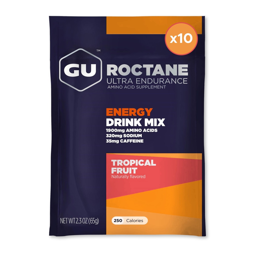 GU Energy Roctane Ultra Endurance Energy Drink Mix, Vegan, Gluten-free, Kosher, 35mg καφεΐνη, και Dairy-Free n-the-Go Energy για κάθε προπόνηση, 10 πακέτα Single-serving, Tropical Fruit