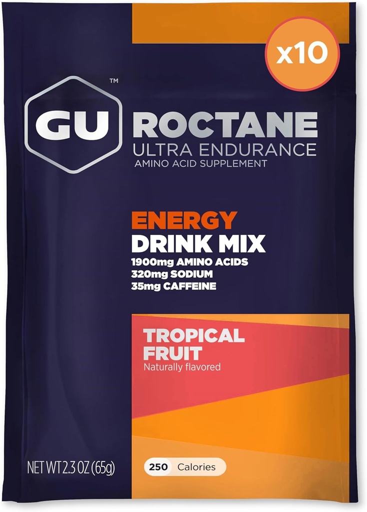 GU Energy Roctane Ultra Endurance Energy Drink Mix, Vegan, Gluten-free, Kosher, 35mg καφεΐνη, και Dairy-Free n-the-Go Energy για κάθε προπόνηση, 10 πακέτα Single-serving, Tropical Fruit
