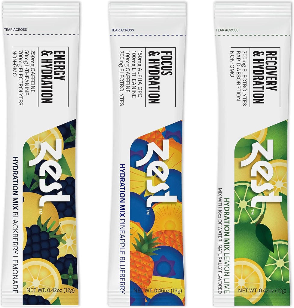 Zest Hydration Electrolyte Powder - Variety Pack - Mix w/Water - 6 Travel Packets - Low Sugar Supplement - Recovery, Energy, & Focus Drink - IV Στύλοι υγρής ενυδάτωσης συμπεριλαμβανομένου του Αλάτι & Κάλιο