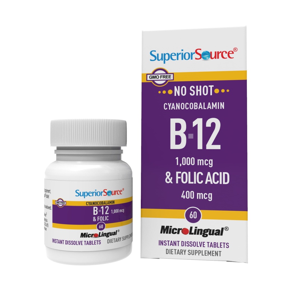 Superior Source No Shot Βιταμίνη B-12 Κυανοκοβαλαμίνη 1000 mcg & Φολικό οξύ 400 mcg - Προσφορές Ενέργεια, Καρδιά, Εγκέφαλος, & Υποστήριξη Στρες - 60 Υπογλώσσια Δισκία Διάλυσης