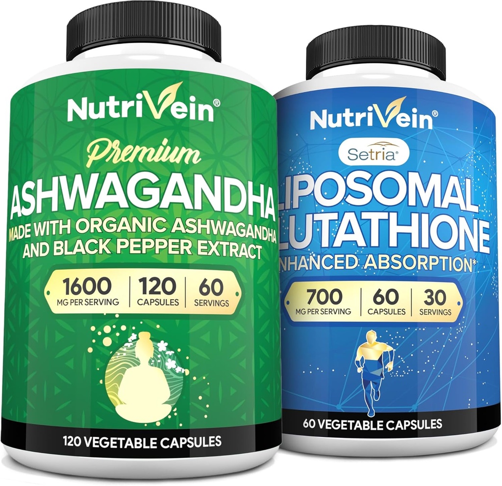 Nutrivein Premium Ashwagandha & Liposomal Glutathione Supplement Bundle: High-Absorption Glutathione Liposomal Supplement & Ashwagandha Supplements for Immunity, Balance, Vitality, & Detox