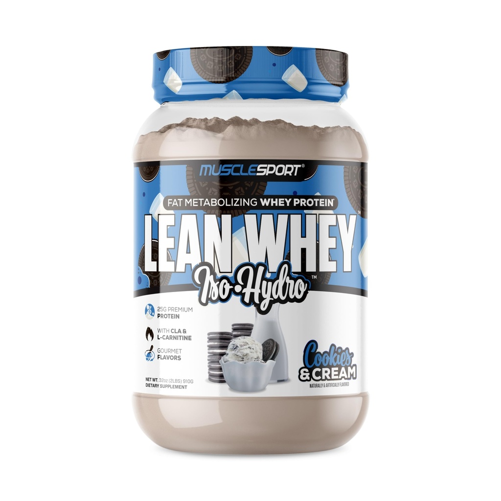 Musclesport Lean Whey RevolutionTM, Whey Protein Isolate with Hydrolyzed Whey - Χαμηλή θερμίδα, Χαμηλό υδατάνθρακες, Χαμηλό λίπος, Απίστευτες Γεύσεις - 25g πρωτεΐνη ανά Scoop (2lb, Cookies N Cream)